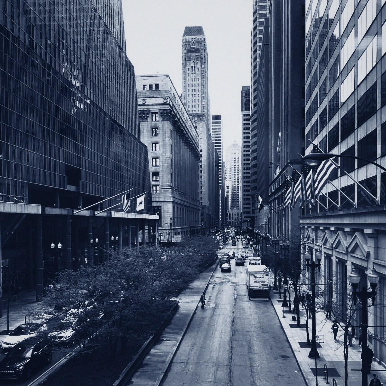 The LaSalle Street canyon in the Chicago Loop, treated to deep navy